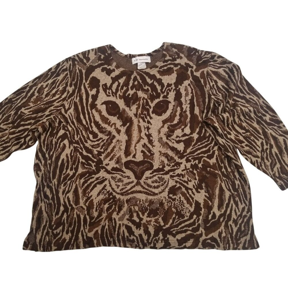 C.D. Daniels Womens 3X Tiger Print Sweater Boxy Boho Wildlife‎ Cat Brown